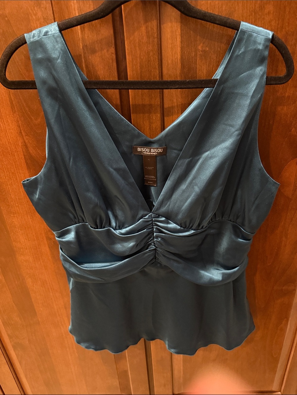 Bisou Bisou Teal Satin V-Neck Ruched Tank